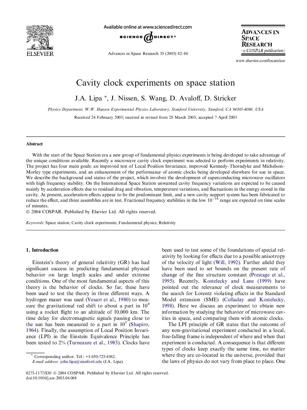 Cavity clock experiments on space station