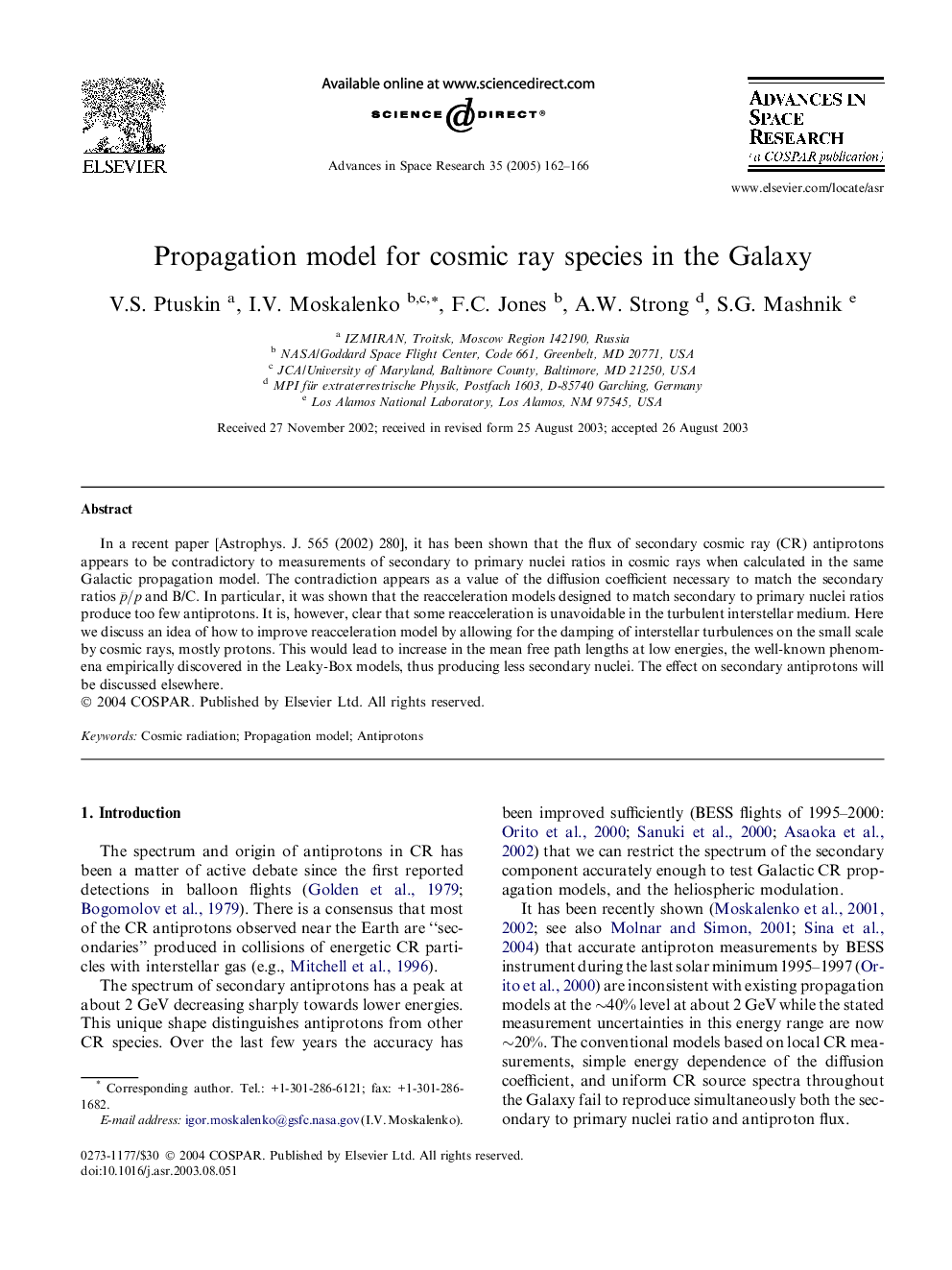 Propagation model for cosmic ray species in the Galaxy