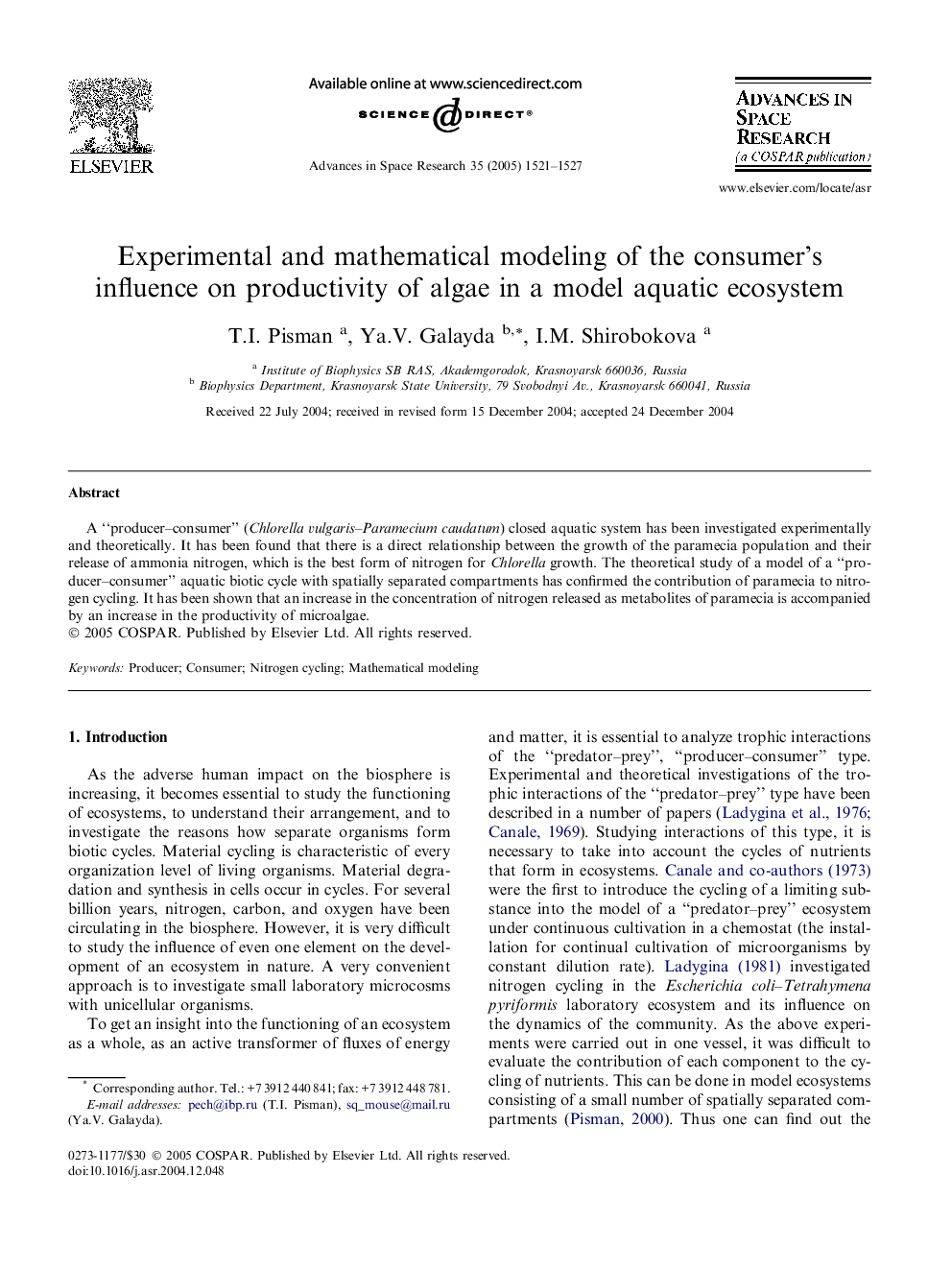 Experimental and mathematical modeling of the consumer's influence on productivity of algae in a model aquatic ecosystem