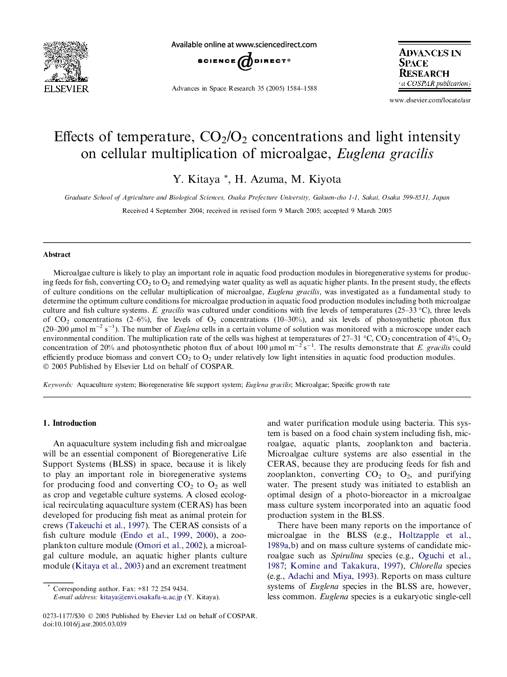 Effects of temperature, CO2/O2 concentrations and light intensity on cellular multiplication of microalgae, Euglena gracilis