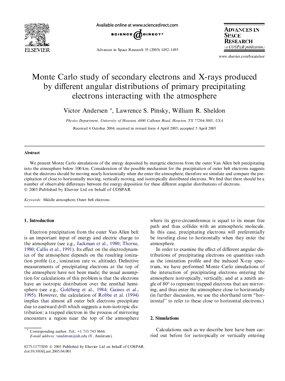 عکس صفحه اول مقاله: Monte Carlo study of secondary electrons and X-rays produced by different angular distributions of primary precipitating electrons interacting with the atmosphere Monte Carlo study of secondary electrons and X-rays produced by different angular distributions of primary precipitating electrons interacting with the atmosphere