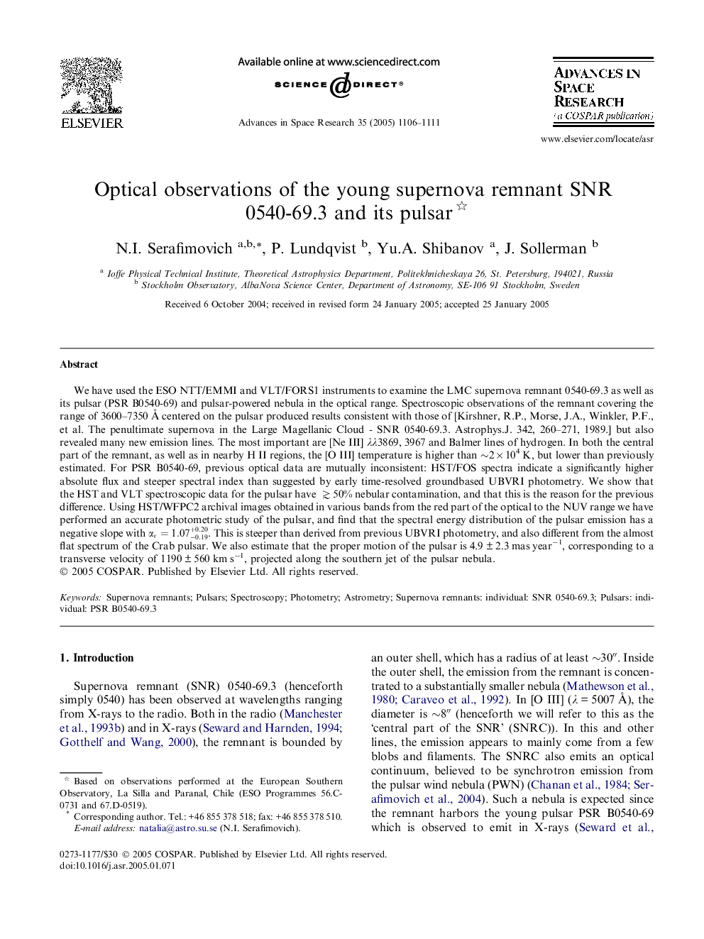 Optical observations of the young supernova remnant SNR 0540-69.3 and its pulsar