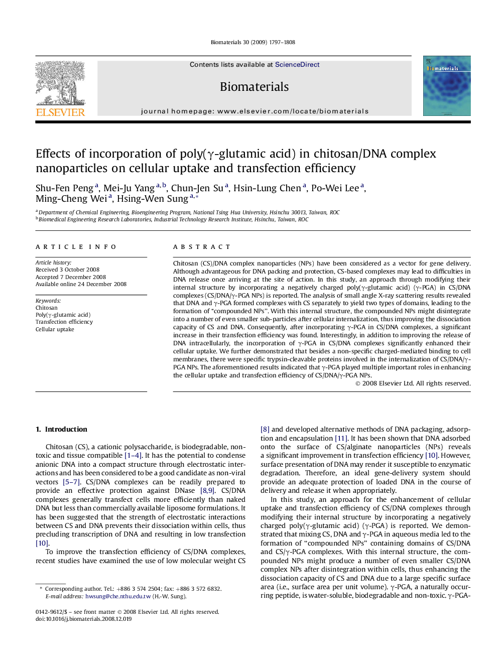 Effects of incorporation of poly(γ-glutamic acid) in chitosan/DNA complex nanoparticles on cellular uptake and transfection efficiency