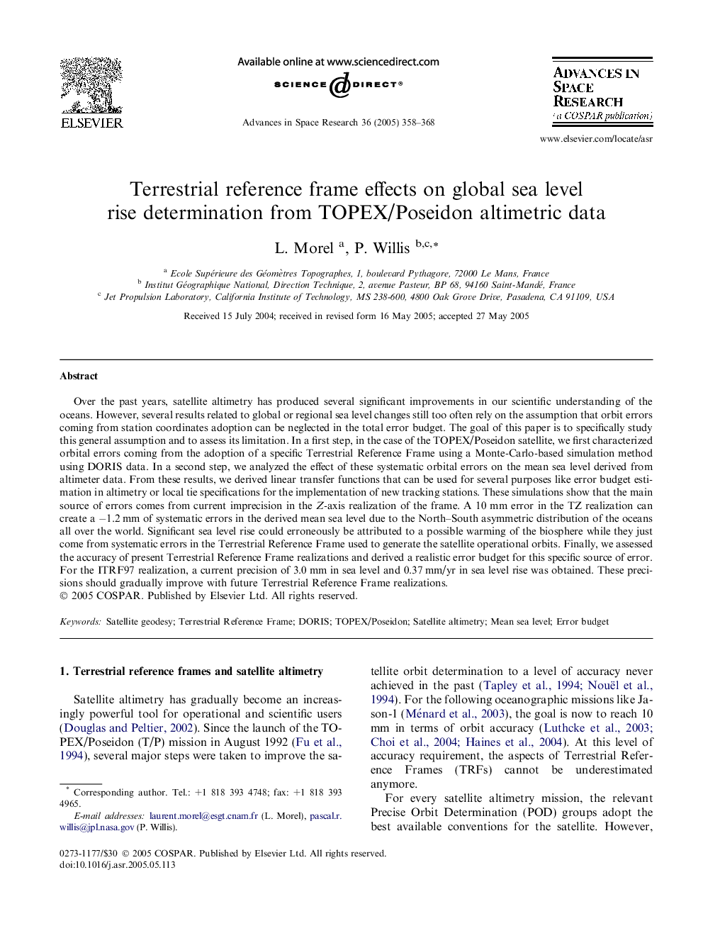 Terrestrial reference frame effects on global sea level rise determination from TOPEX/Poseidon altimetric data