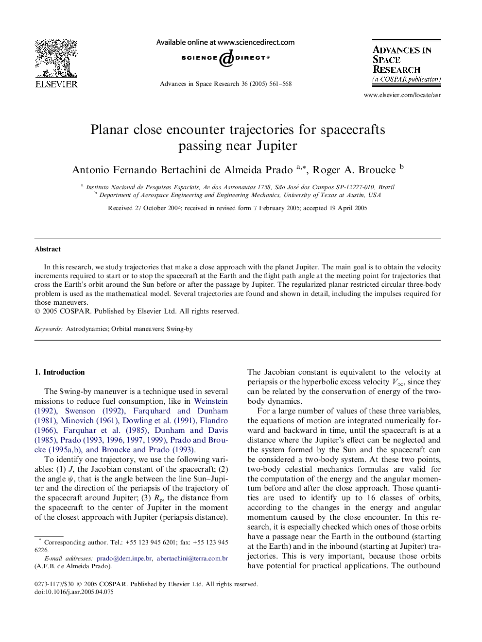 Planar close encounter trajectories for spacecrafts passing near Jupiter