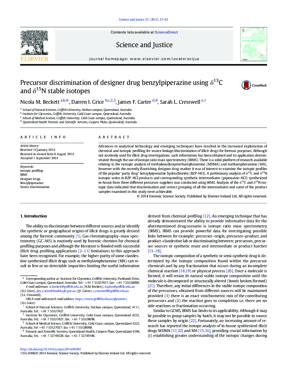 Precursor discrimination of designer drug benzylpiperazine using δ13C and δ15N stable isotopes
