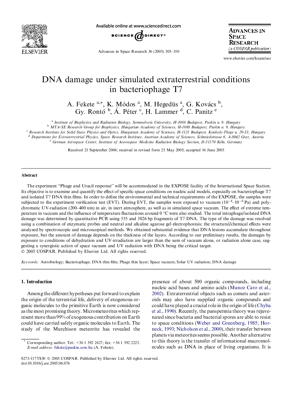 DNA damage under simulated extraterrestrial conditions in bacteriophage T7