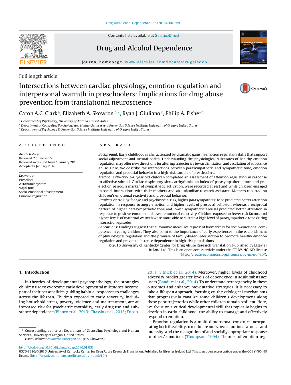 Intersections between cardiac physiology, emotion regulation and interpersonal warmth in preschoolers: Implications for drug abuse prevention from translational neuroscience