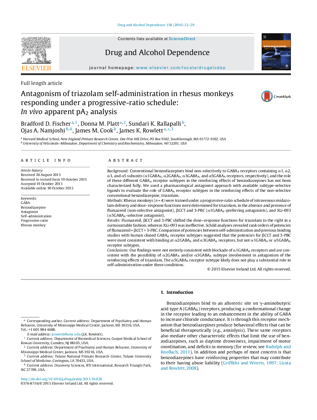 Antagonism of triazolam self-administration in rhesus monkeys responding under a progressive-ratio schedule: In vivo apparent pA2 analysis