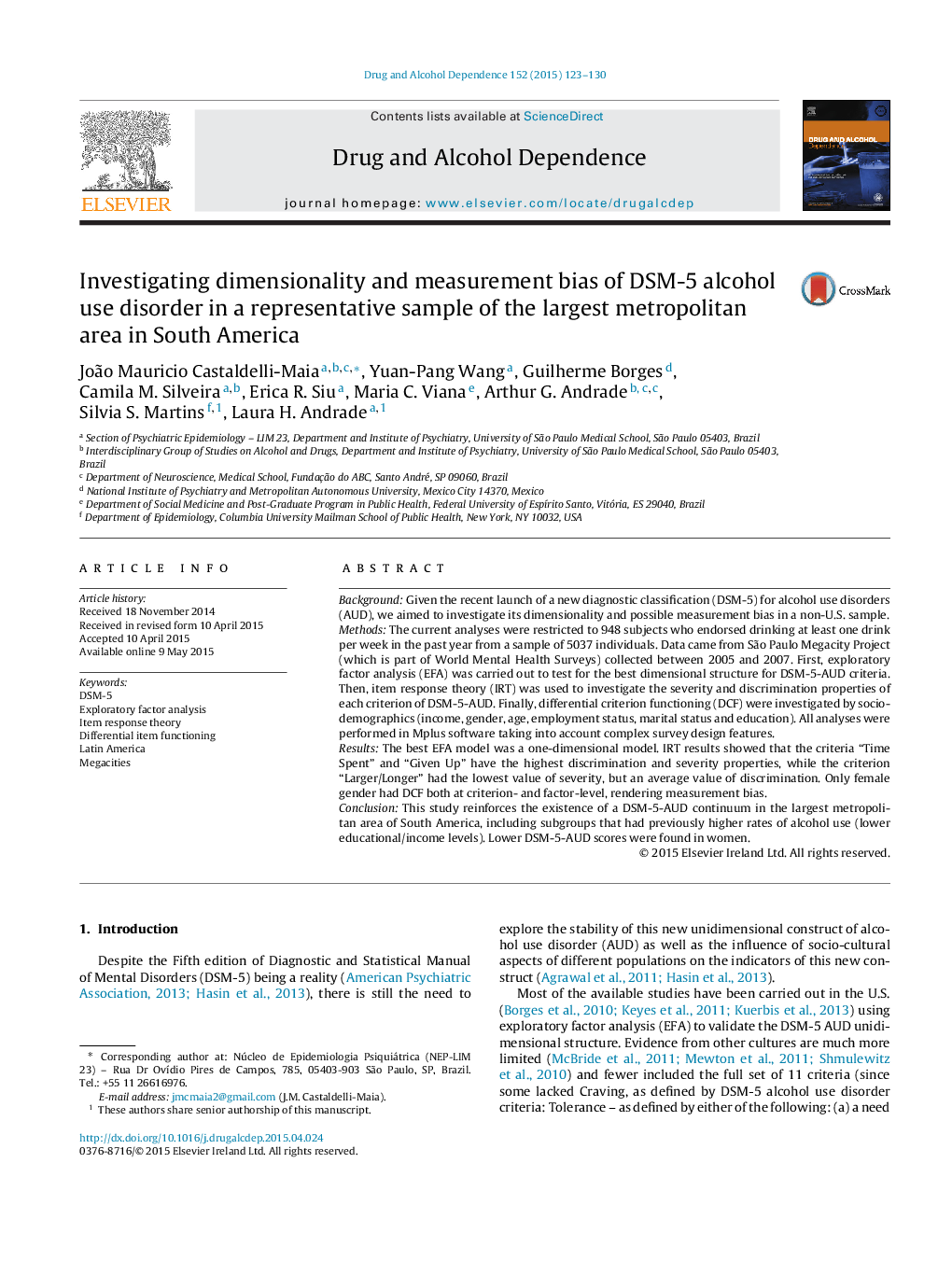 Investigating dimensionality and measurement bias of DSM-5 alcohol use disorder in a representative sample of the largest metropolitan area in South America