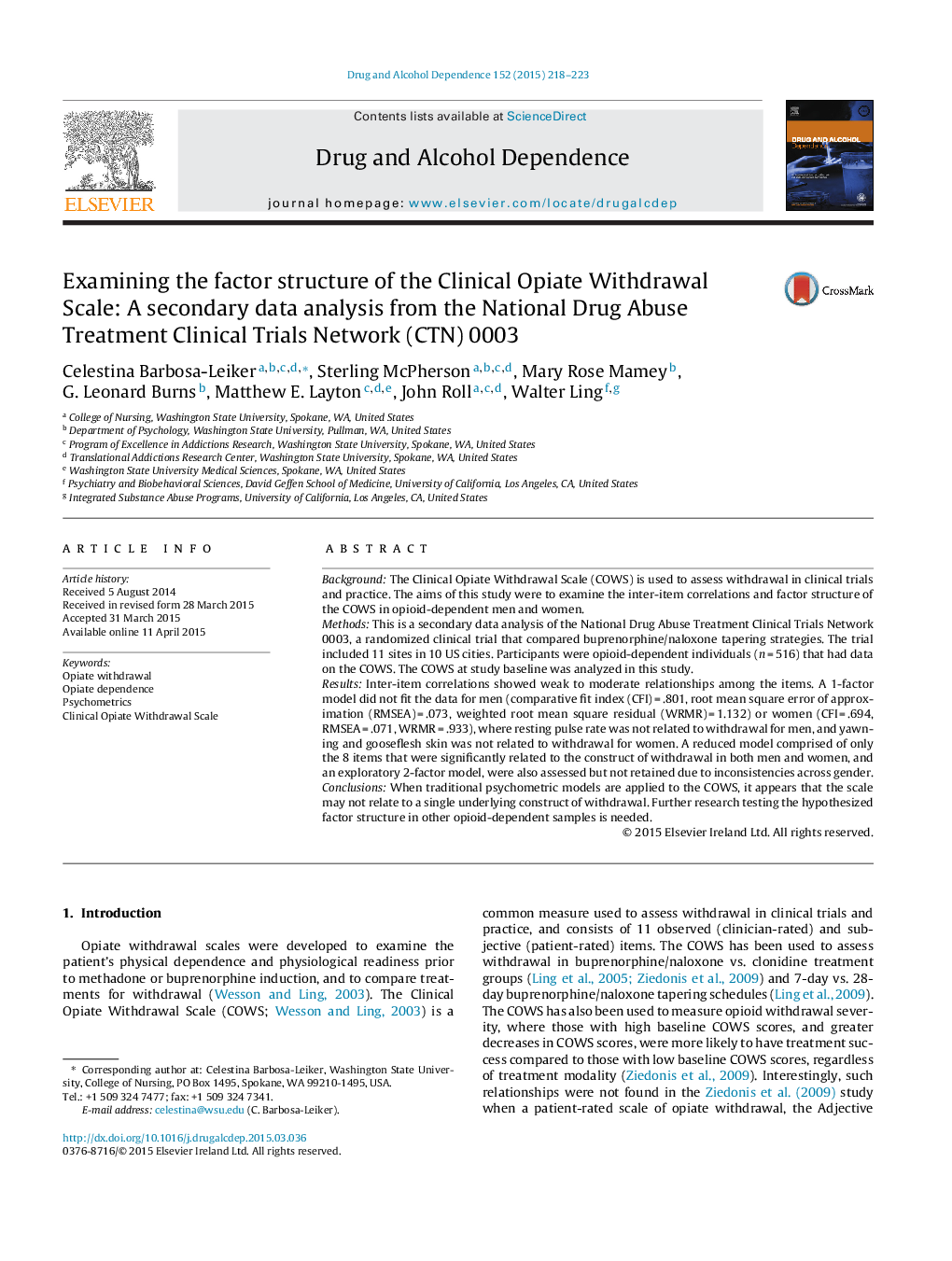 Examining the factor structure of the Clinical Opiate Withdrawal Scale: A secondary data analysis from the National Drug Abuse Treatment Clinical Trials Network (CTN) 0003