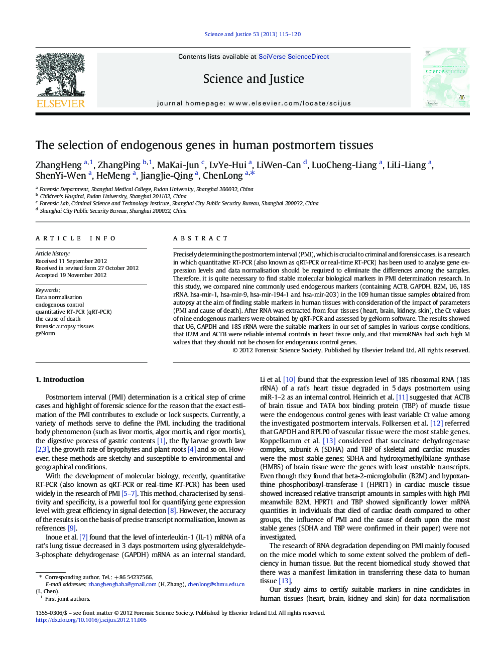 The selection of endogenous genes in human postmortem tissues