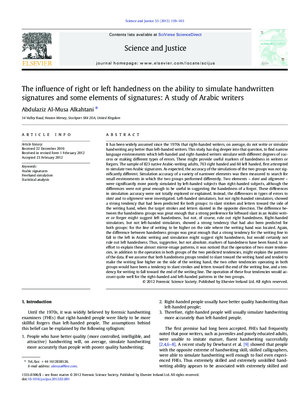 The influence of right or left handedness on the ability to simulate handwritten signatures and some elements of signatures: A study of Arabic writers