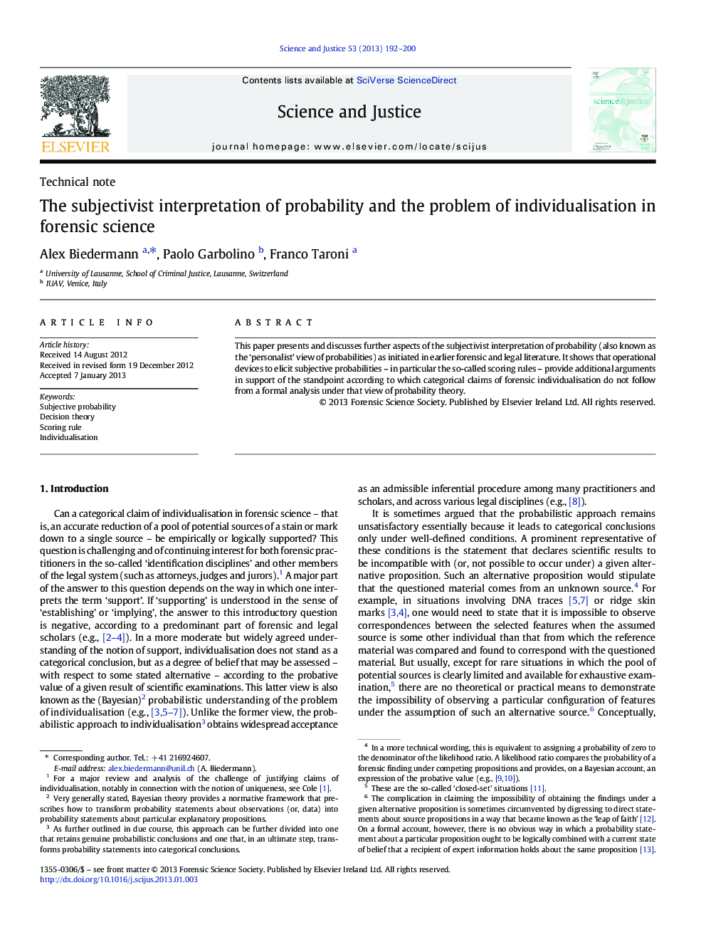 The subjectivist interpretation of probability and the problem of individualisation in forensic science