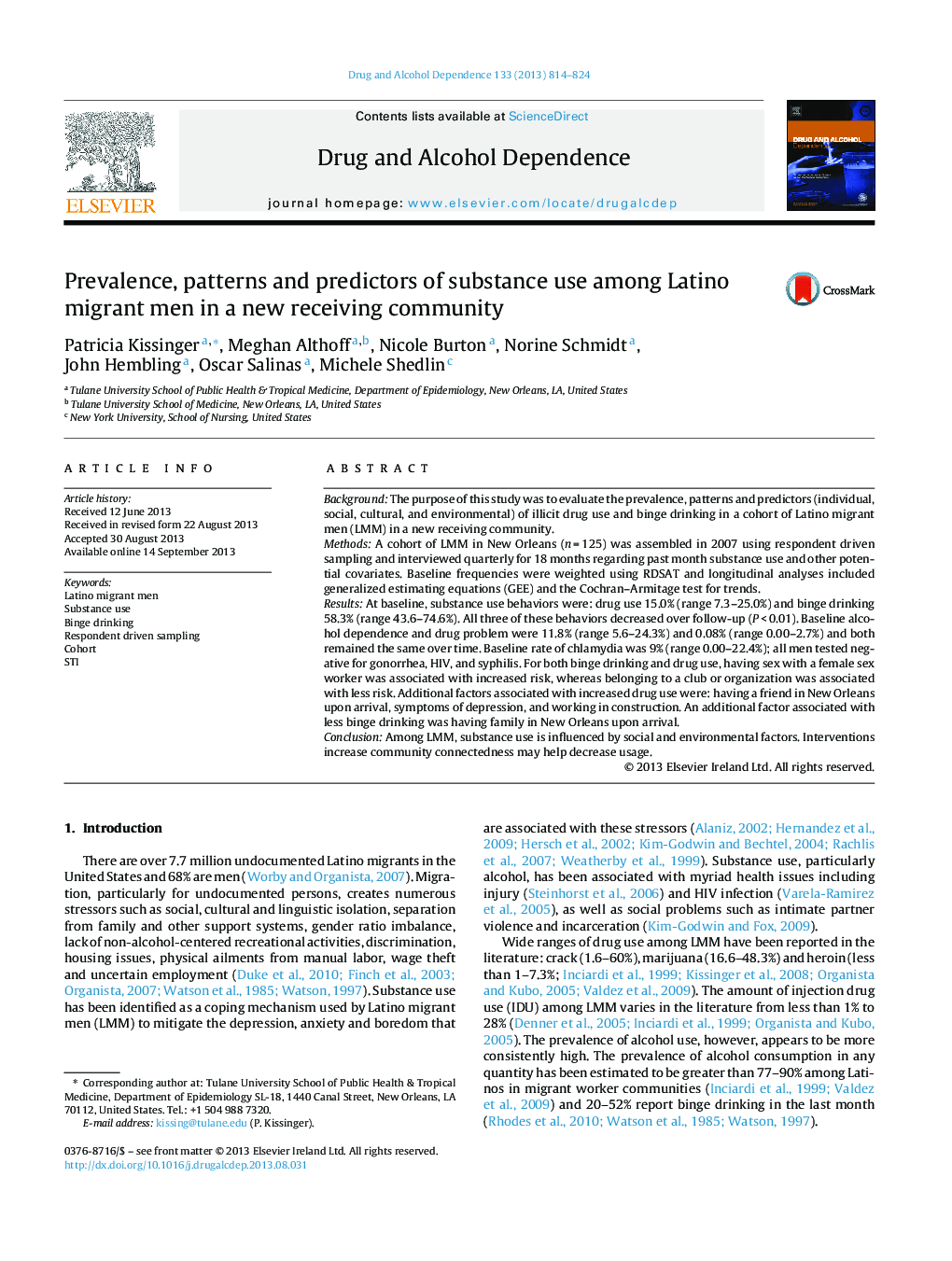 Prevalence, patterns and predictors of substance use among Latino migrant men in a new receiving community