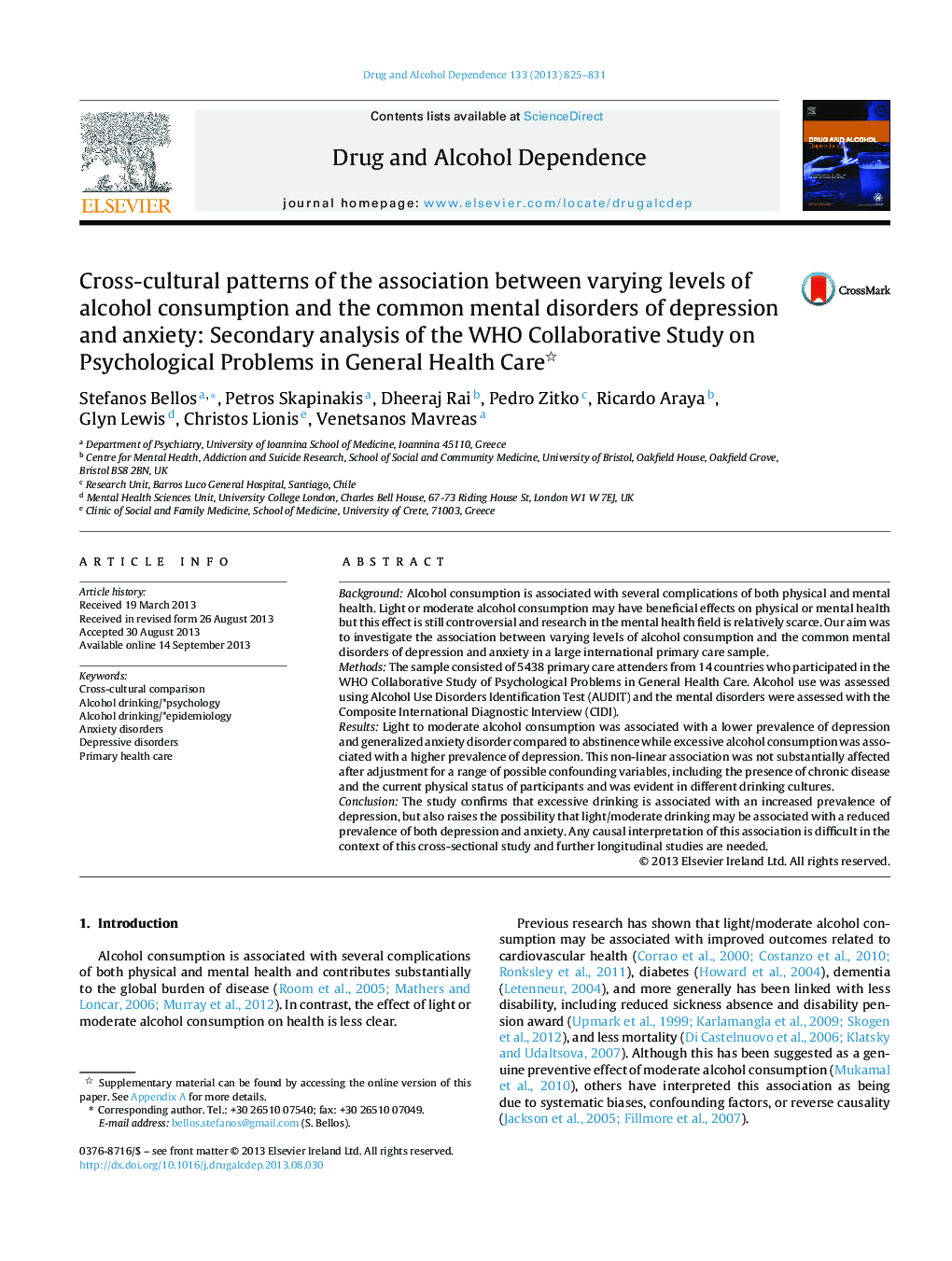 Cross-cultural patterns of the association between varying levels of alcohol consumption and the common mental disorders of depression and anxiety: Secondary analysis of the WHO Collaborative Study on Psychological Problems in General Health Care 