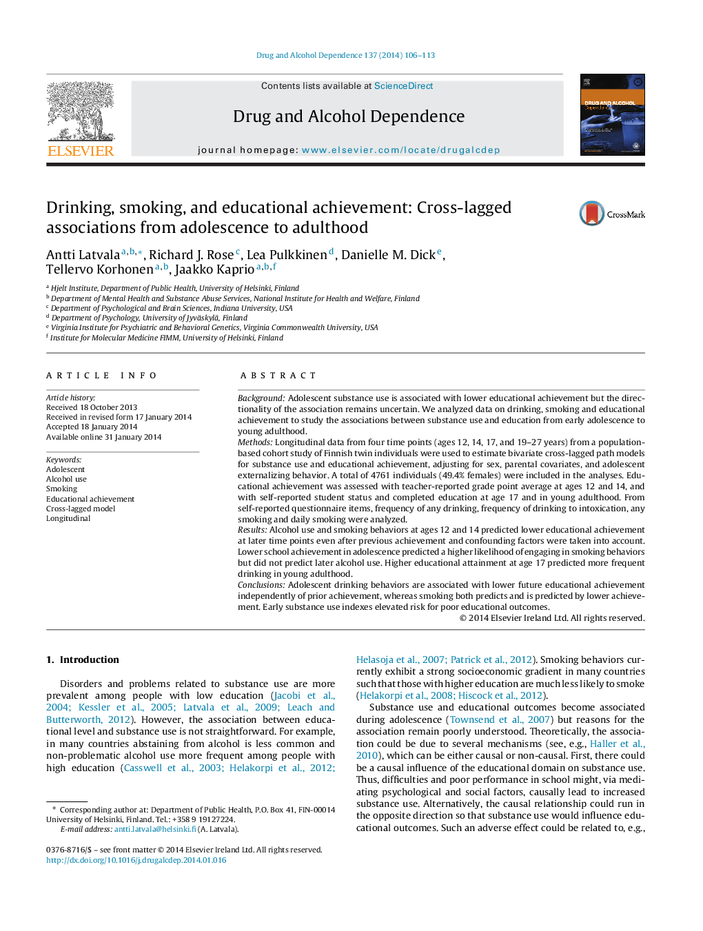 Drinking, smoking, and educational achievement: Cross-lagged associations from adolescence to adulthood