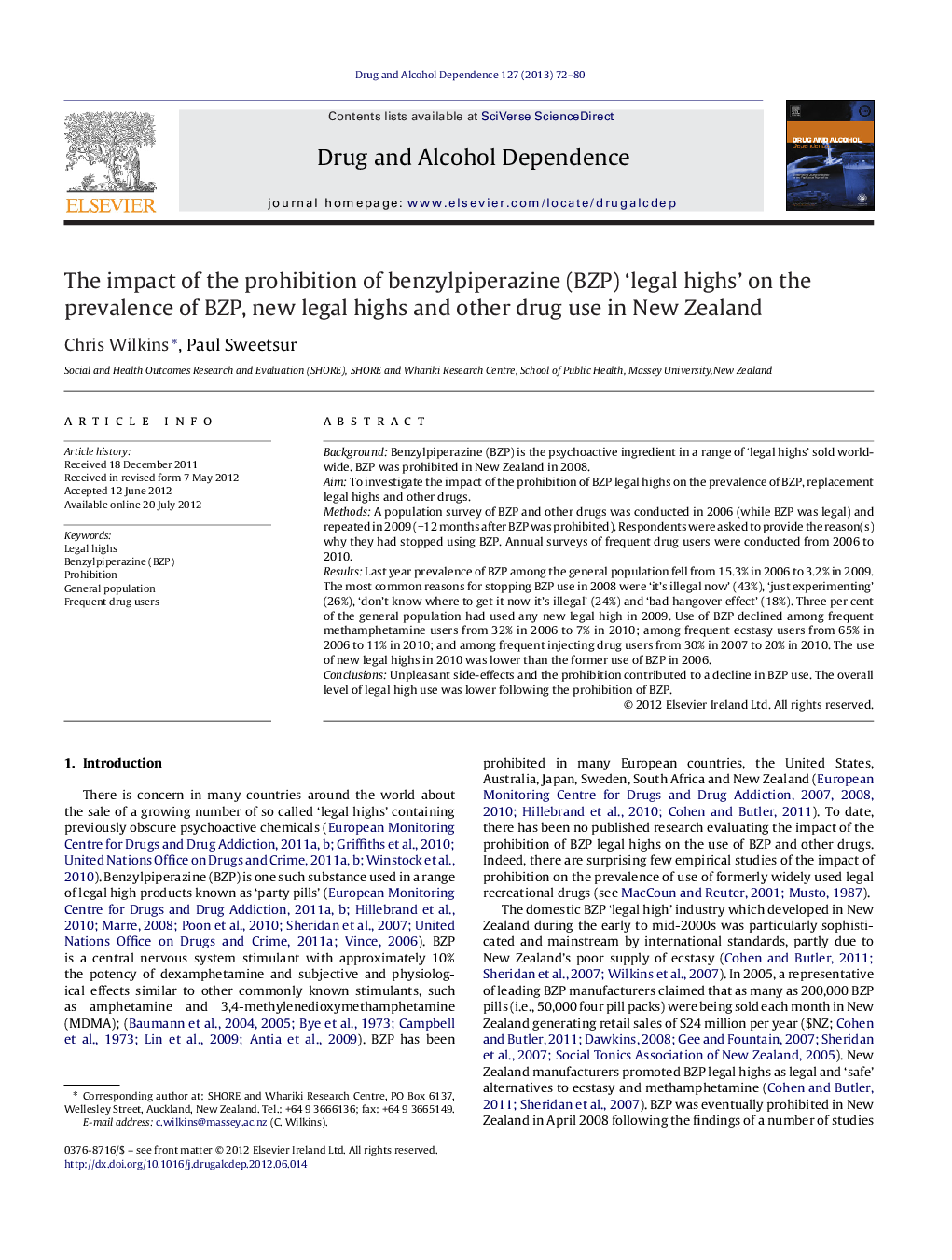 The impact of the prohibition of benzylpiperazine (BZP) ‘legal highs’ on the prevalence of BZP, new legal highs and other drug use in New Zealand