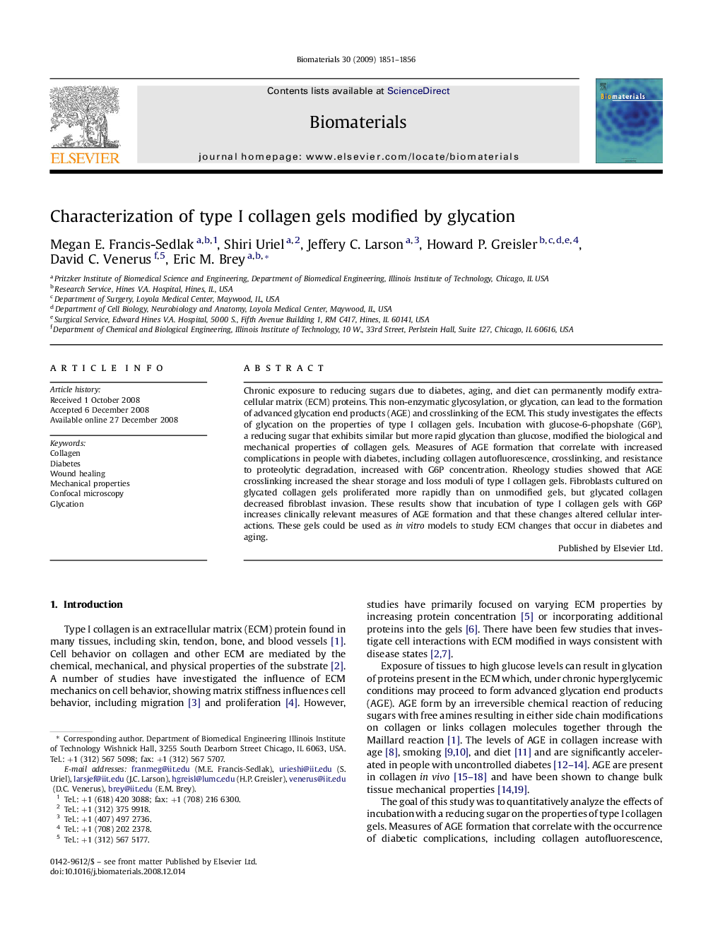 Characterization of type I collagen gels modified by glycation