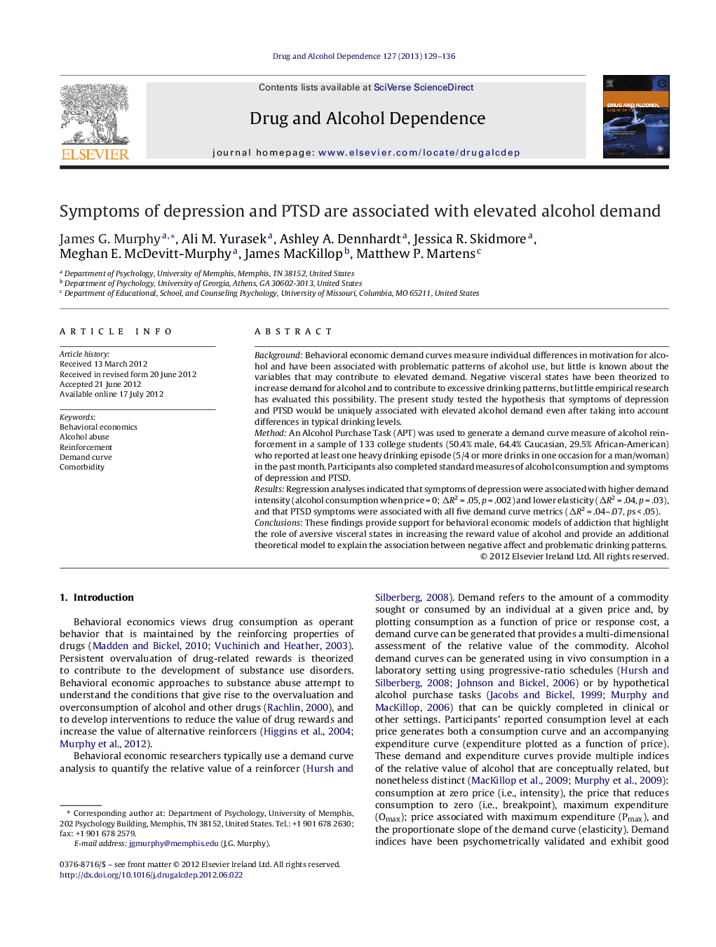 Symptoms of depression and PTSD are associated with elevated alcohol demand