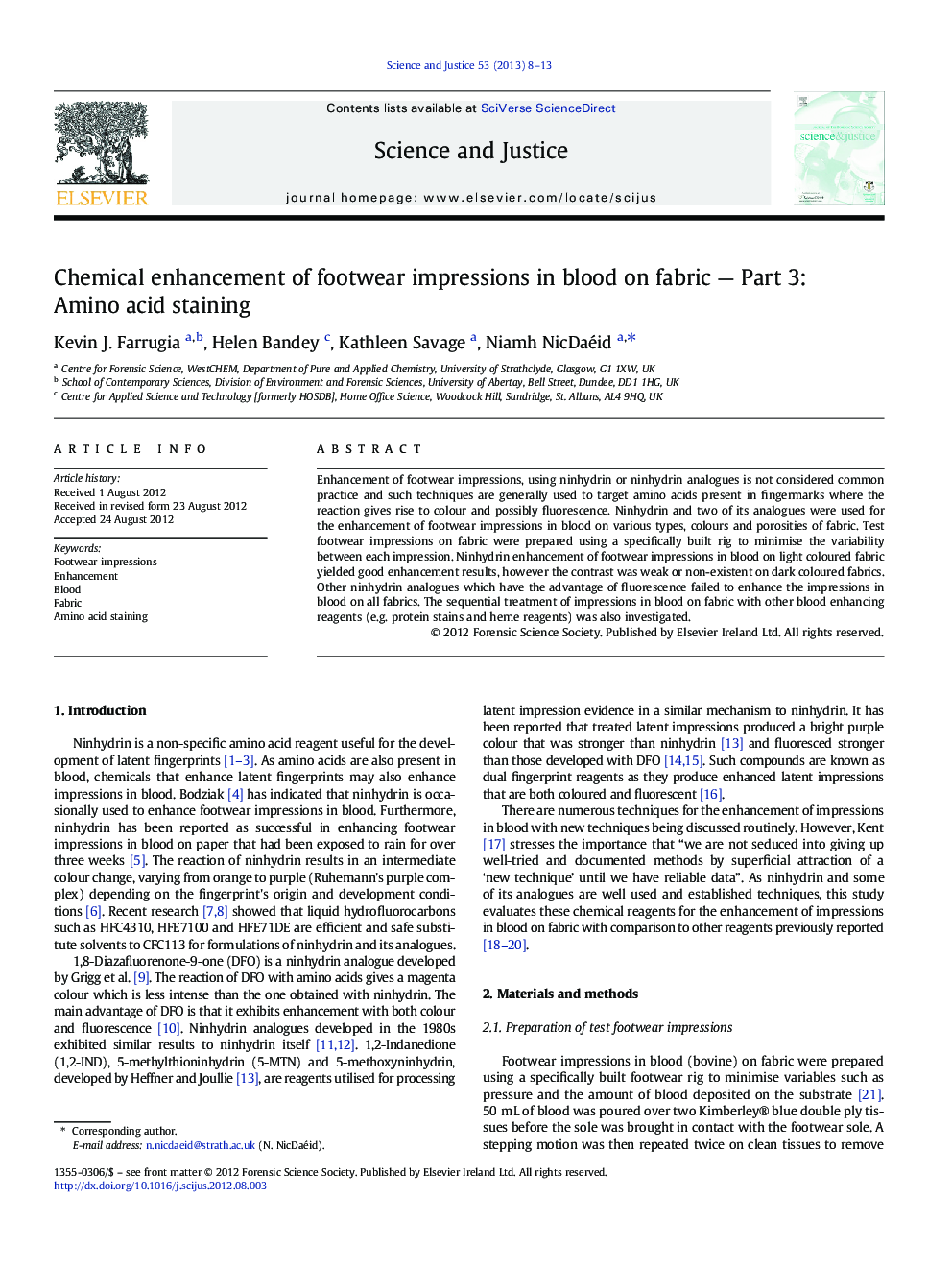 Chemical enhancement of footwear impressions in blood on fabric — Part 3: Amino acid staining