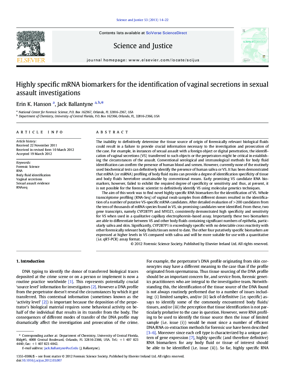 Highly specific mRNA biomarkers for the identification of vaginal secretions in sexual assault investigations