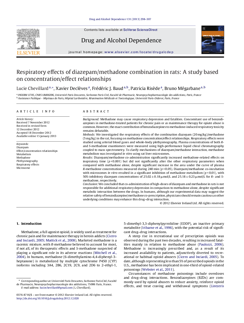 Respiratory effects of diazepam/methadone combination in rats: A study based on concentration/effect relationships