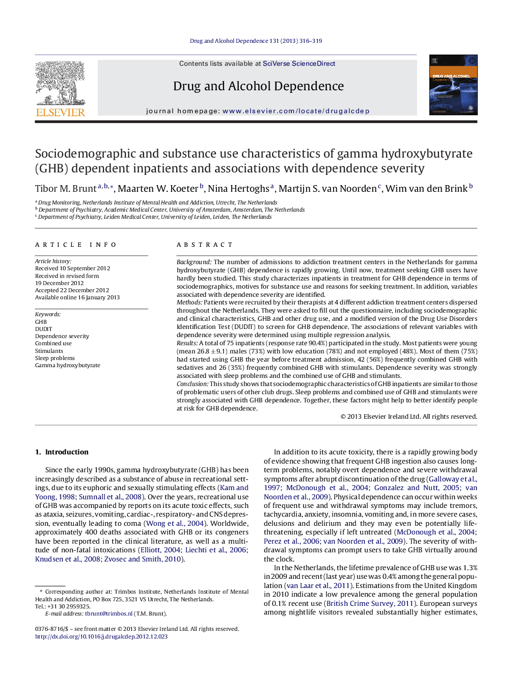 Sociodemographic and substance use characteristics of gamma hydroxybutyrate (GHB) dependent inpatients and associations with dependence severity