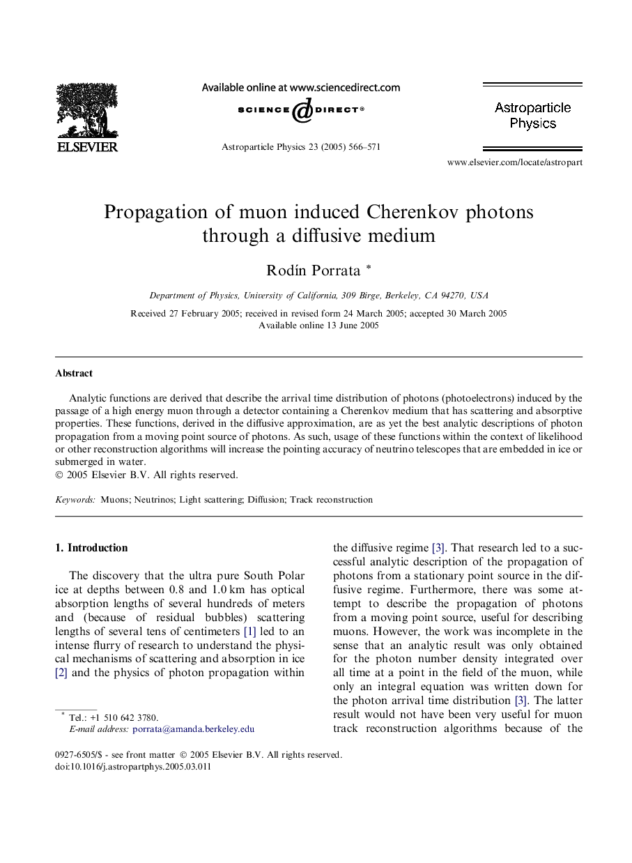 Propagation of muon induced Cherenkov photons through a diffusive medium