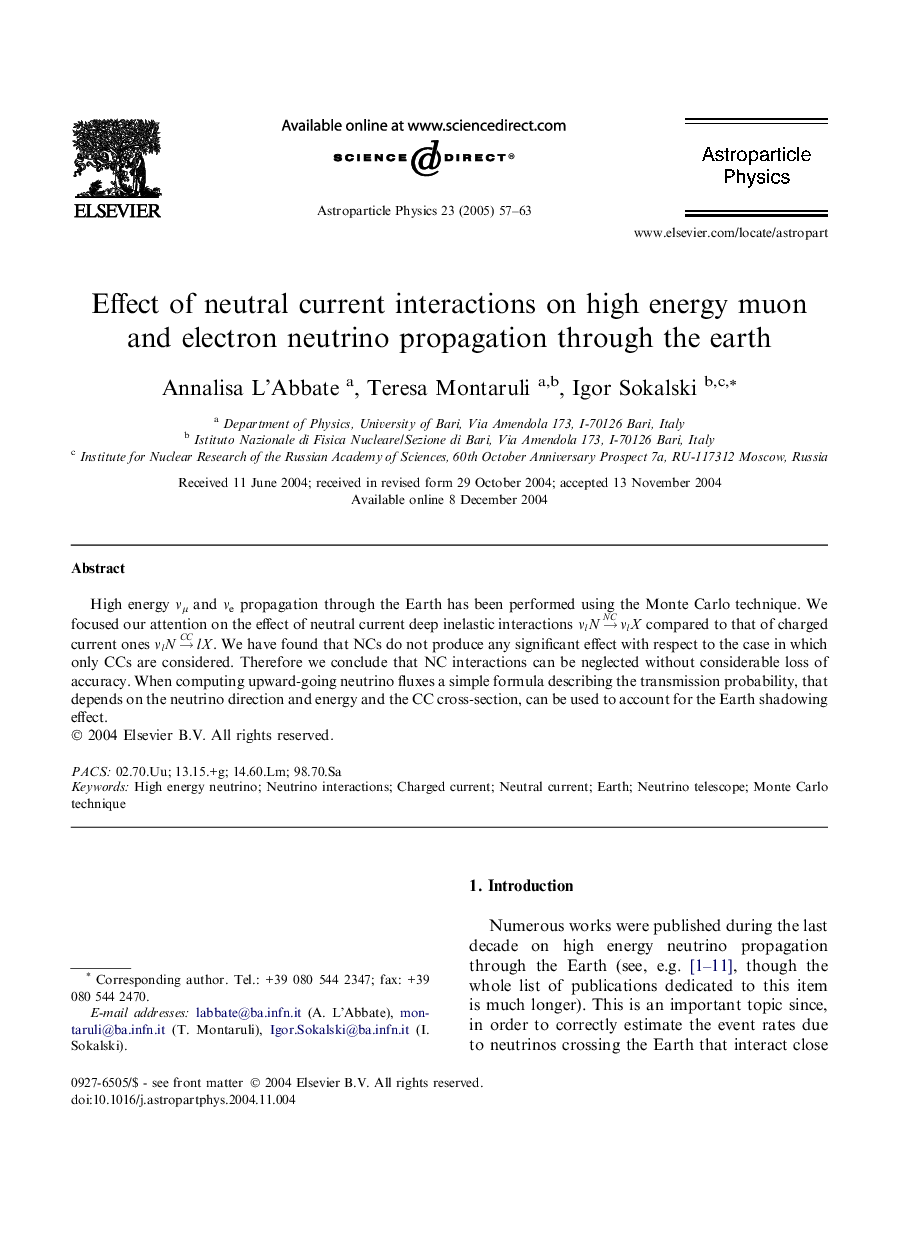 عکس صفحه اول مقاله: Effect of neutral current interactions on high energy muon and electron neutrino propagation through the earth Effect of neutral current interactions on high energy muon and electron neutrino propagation through the earth
