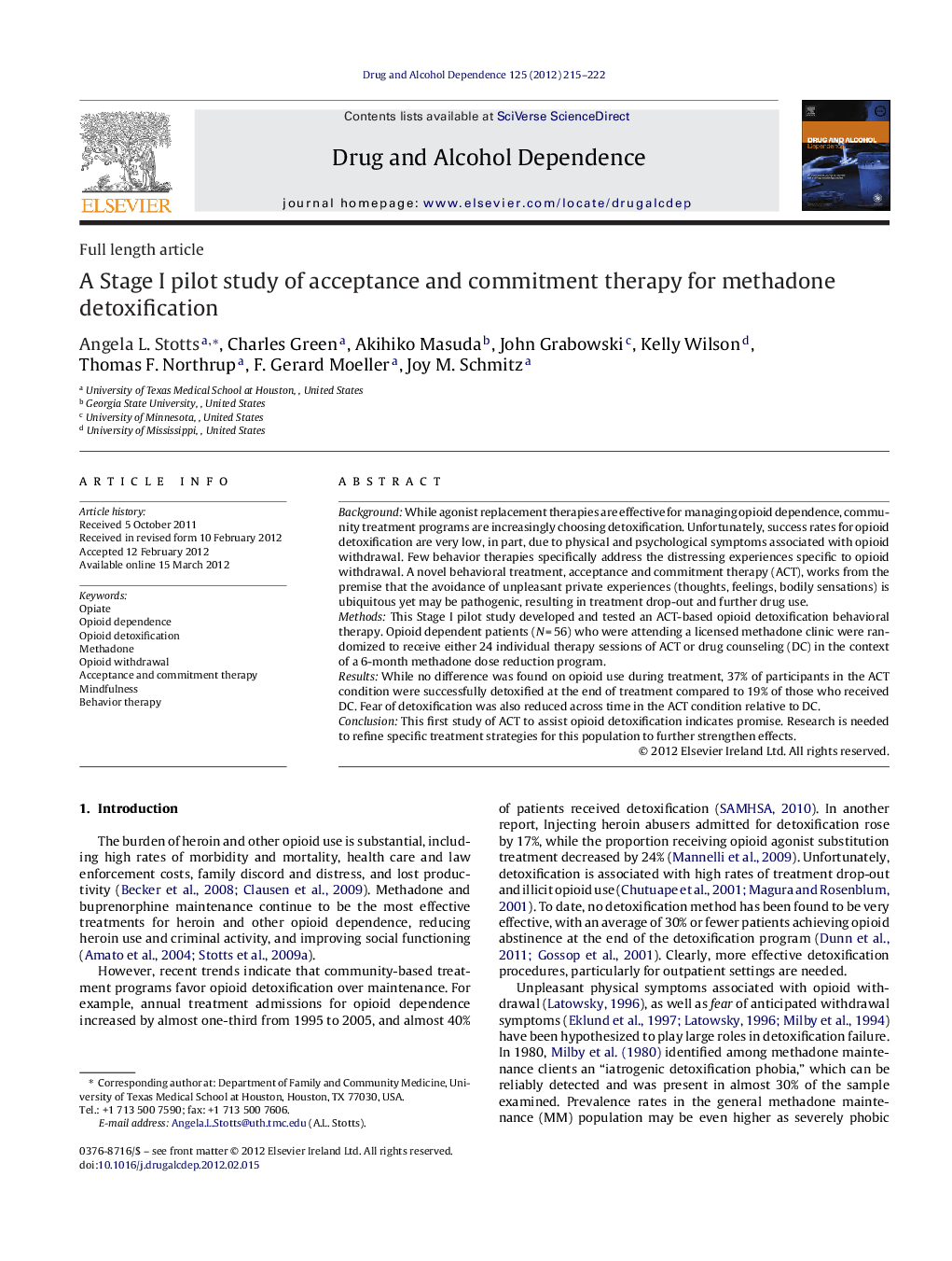 A Stage I pilot study of acceptance and commitment therapy for methadone detoxification