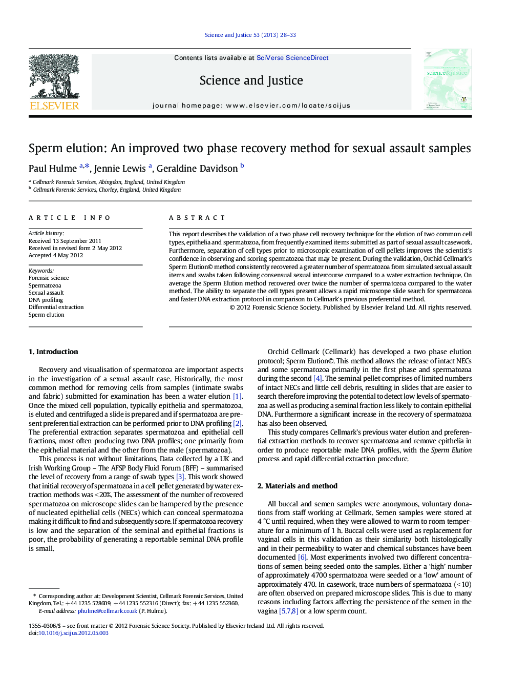 Sperm elution: An improved two phase recovery method for sexual assault samples