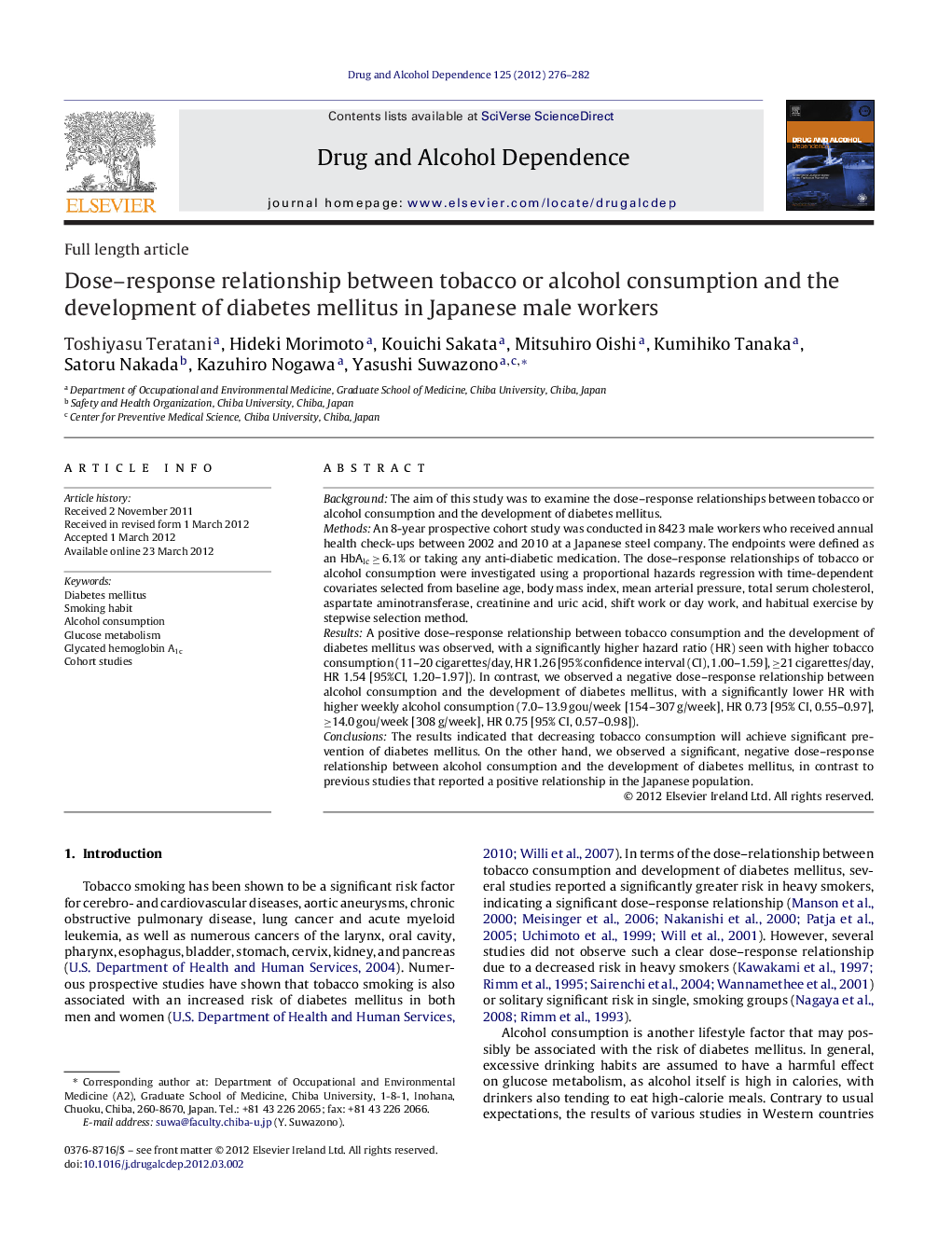 Dose–response relationship between tobacco or alcohol consumption and the development of diabetes mellitus in Japanese male workers