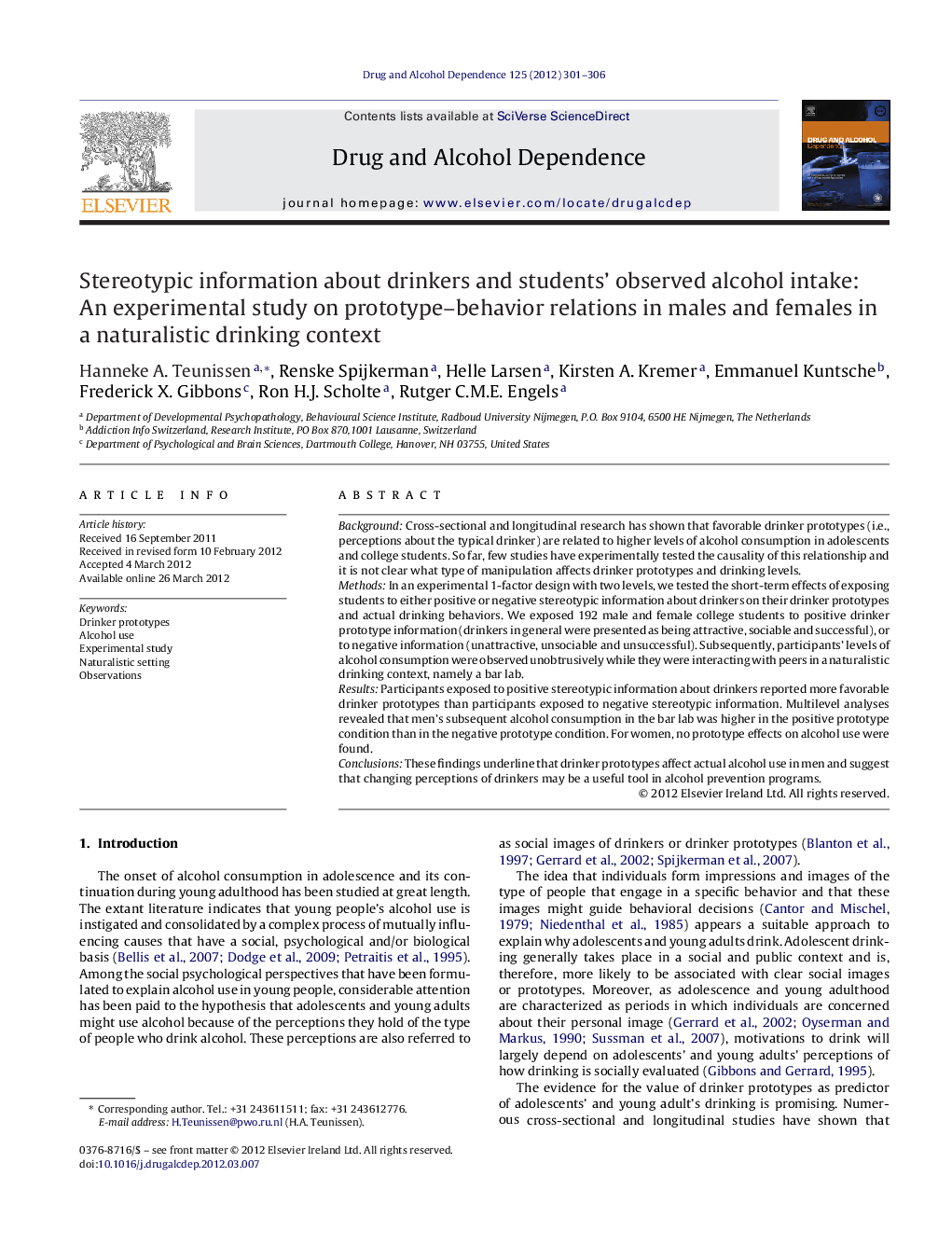 Stereotypic information about drinkers and students’ observed alcohol intake: An experimental study on prototype–behavior relations in males and females in a naturalistic drinking context