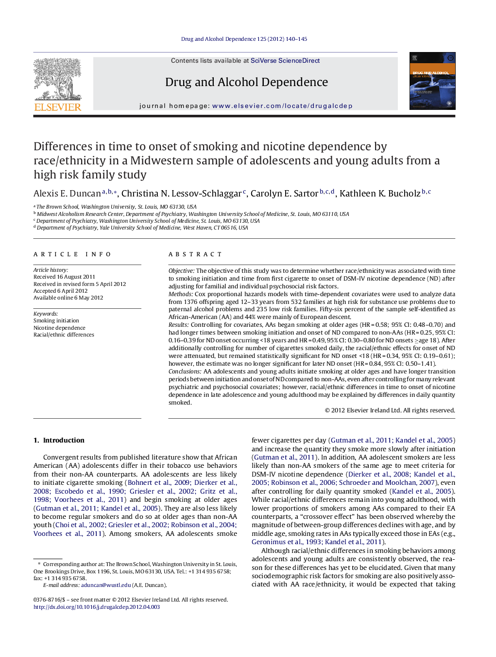 Differences in time to onset of smoking and nicotine dependence by race/ethnicity in a Midwestern sample of adolescents and young adults from a high risk family study