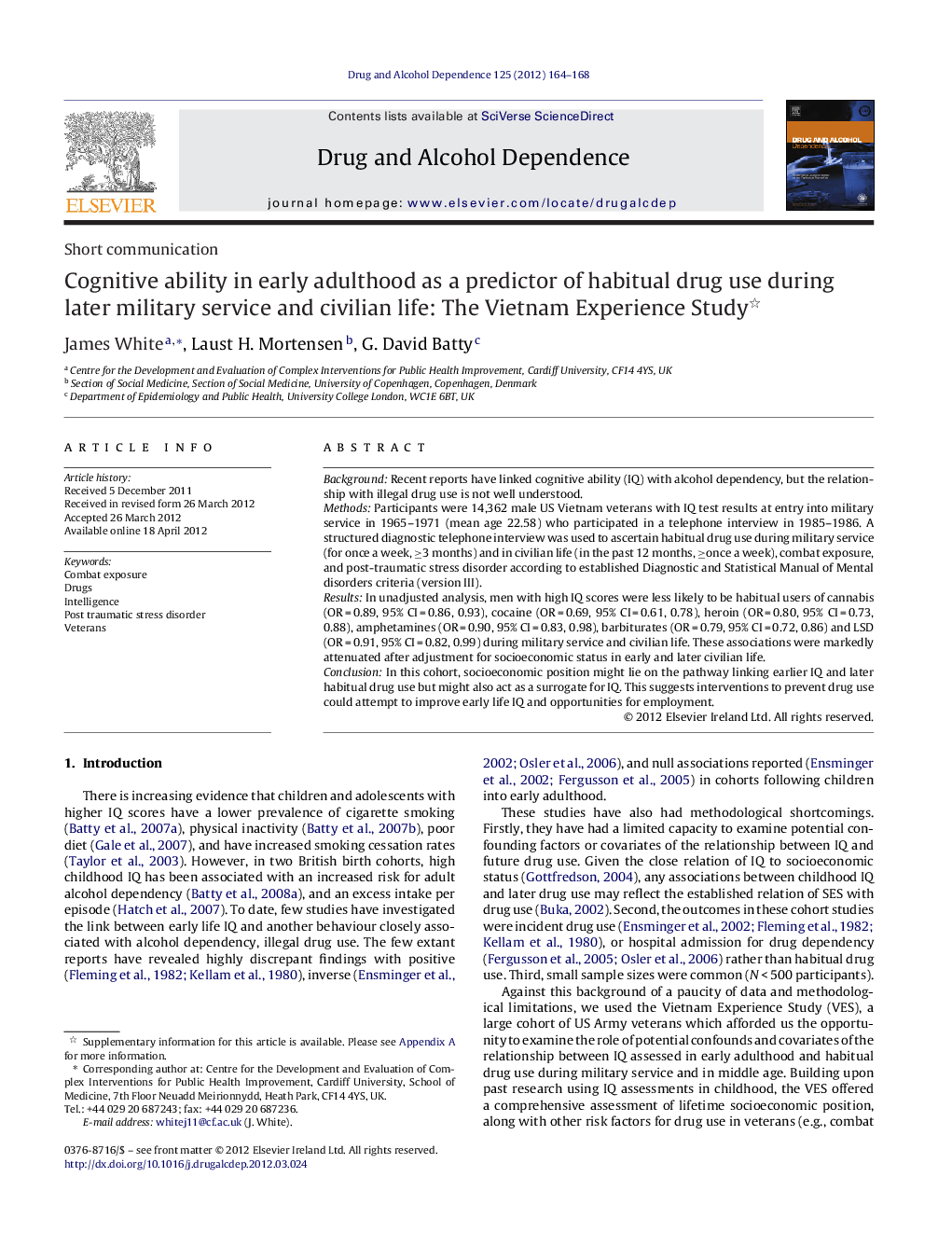 Cognitive ability in early adulthood as a predictor of habitual drug use during later military service and civilian life: The Vietnam Experience Study 