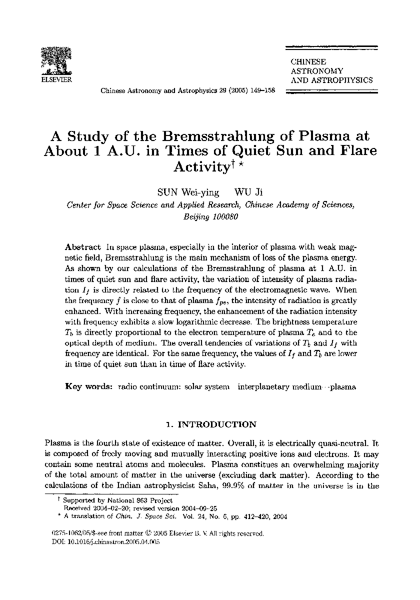 A study of the Bremsstrahlung of plasma at about 1 A.U. in times of quiet sun and flare activity