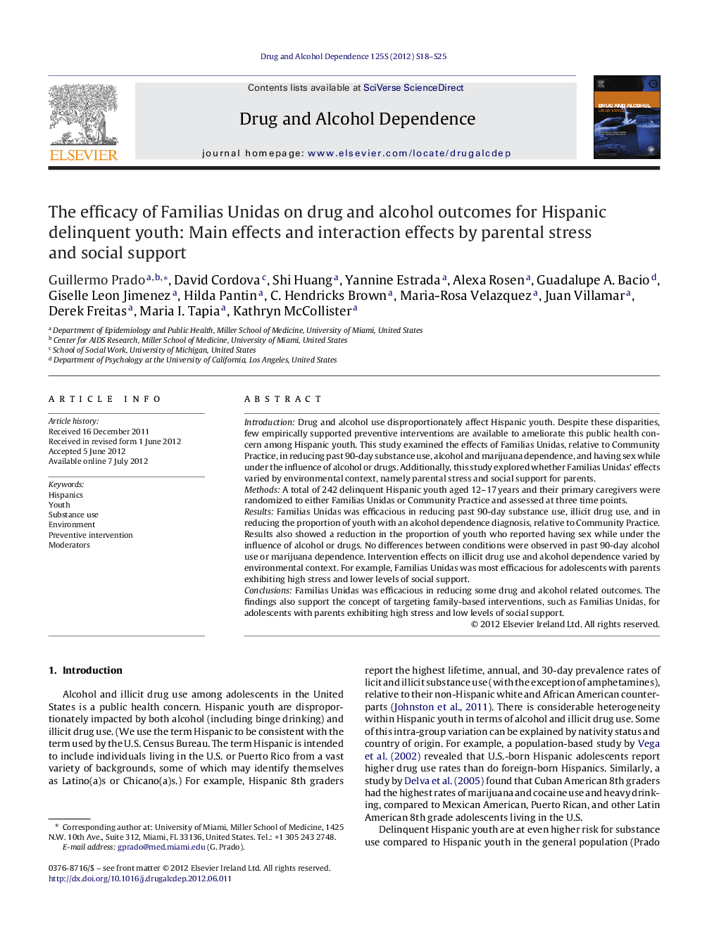 The efficacy of Familias Unidas on drug and alcohol outcomes for Hispanic delinquent youth: Main effects and interaction effects by parental stress and social support