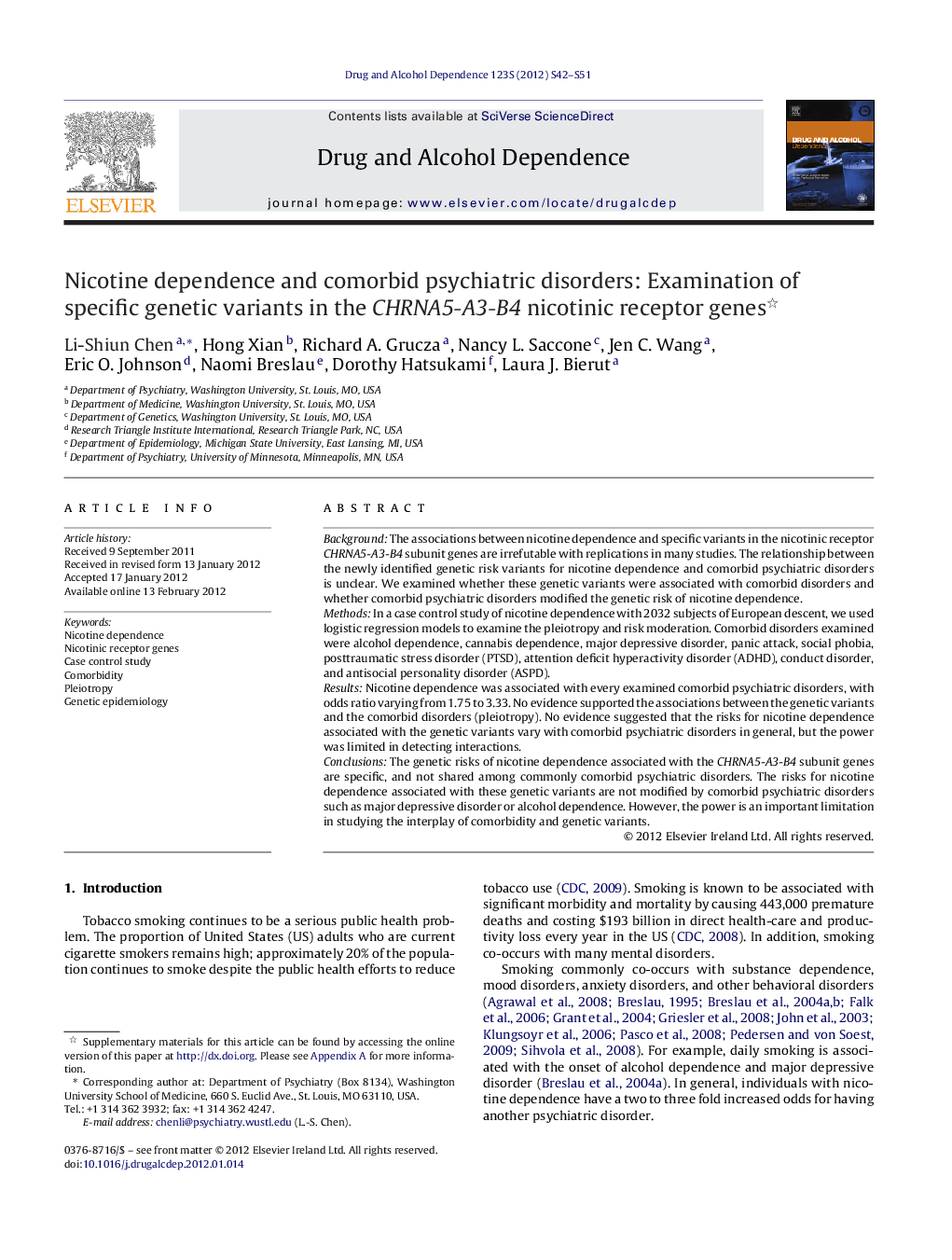 Nicotine dependence and comorbid psychiatric disorders: Examination of specific genetic variants in the CHRNA5-A3-B4 nicotinic receptor genes 