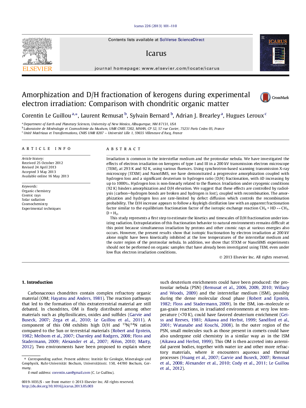 Amorphization and D/H fractionation of kerogens during experimental electron irradiation: Comparison with chondritic organic matter