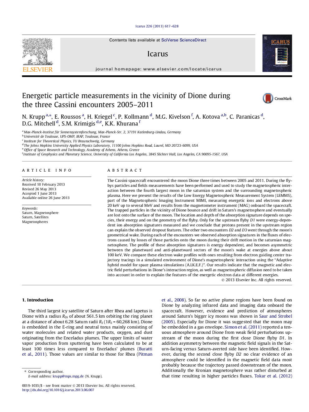 اندازه گیری های ذرات انرژی در مجاورت دئون در طی سه جلسه کاسینی در سال های 2005-2011 