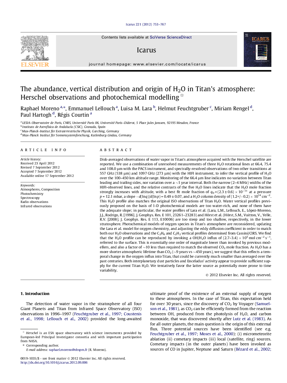 عکس صفحه اول مقاله: The abundance, vertical distribution and origin of H2O in Titan's atmosphere: Herschel observations and photochemical modelling The abundance, vertical distribution and origin of H2O in Titan's atmosphere: Herschel observations and photochemical modelling