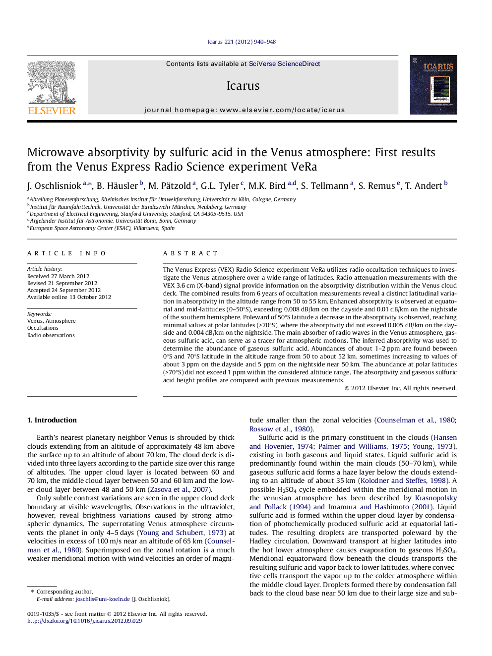 عکس صفحه اول مقاله: Microwave absorptivity by sulfuric acid in the Venus atmosphere: First results from the Venus Express Radio Science experiment VeRa Microwave absorptivity by sulfuric acid in the Venus atmosphere: First results from the Venus Express Radio Science experiment VeRa
