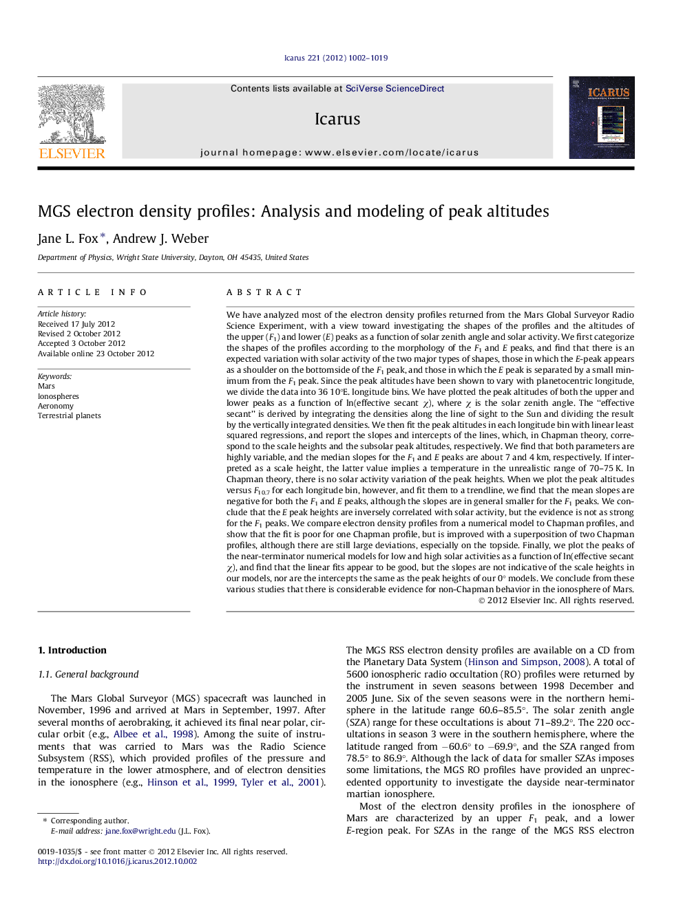 MGS electron density profiles: Analysis and modeling of peak altitudes