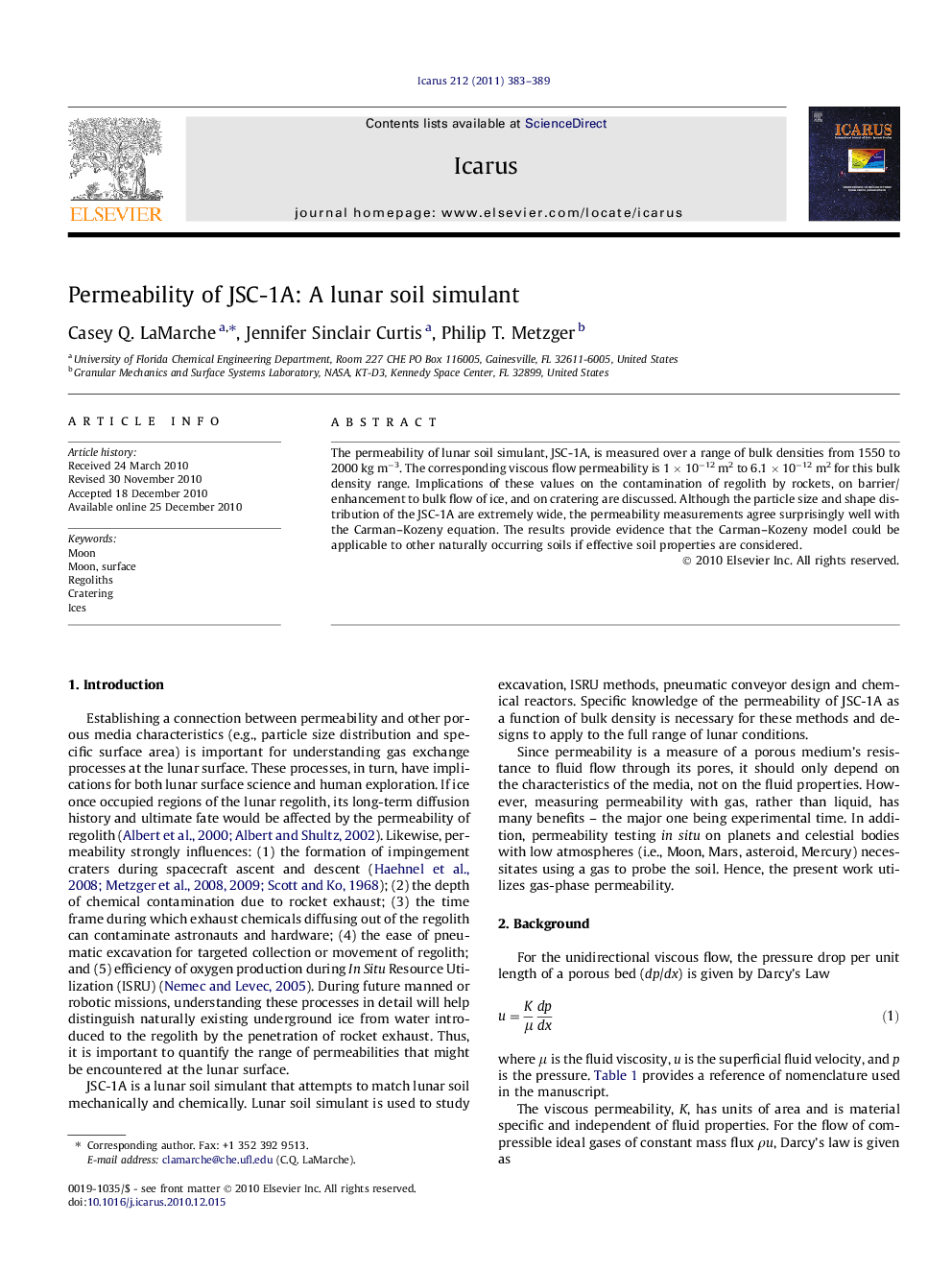 Permeability of JSC-1A: A lunar soil simulant