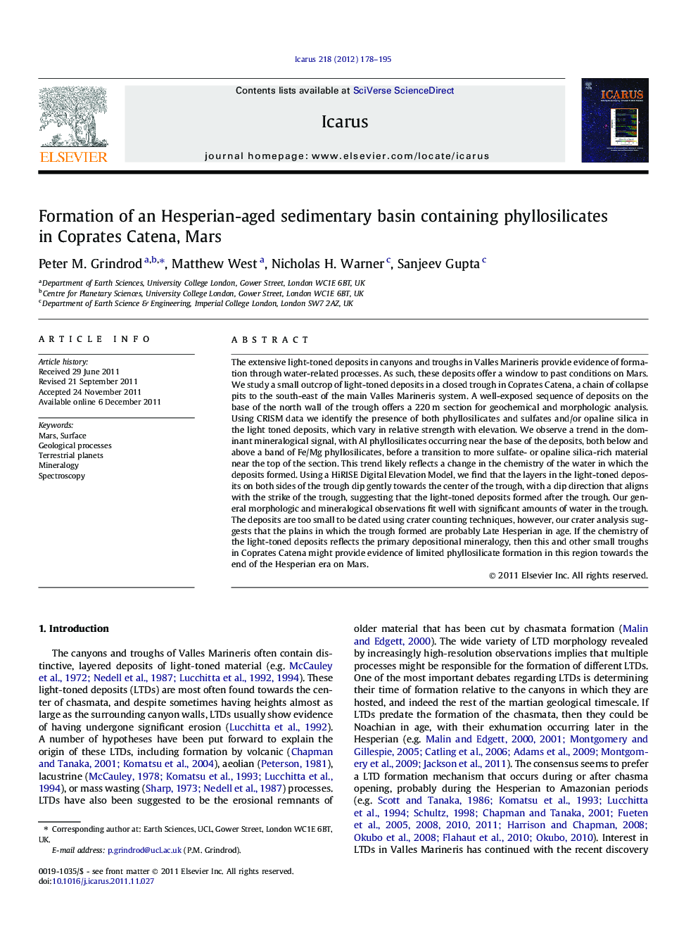 Formation of an Hesperian-aged sedimentary basin containing phyllosilicates in Coprates Catena, Mars