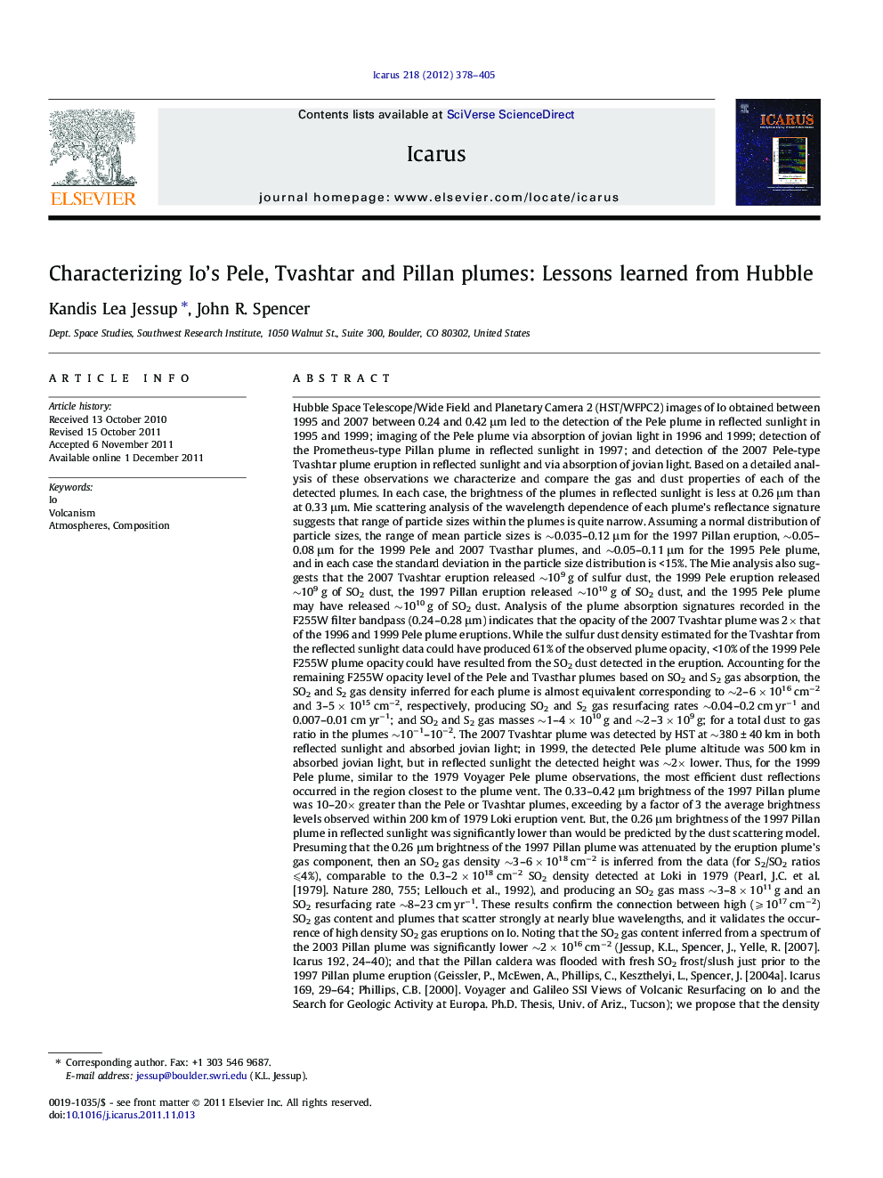 عکس صفحه اول مقاله: Characterizing Io's Pele, Tvashtar and Pillan plumes: Lessons learned from Hubble Characterizing Io's Pele, Tvashtar and Pillan plumes: Lessons learned from Hubble