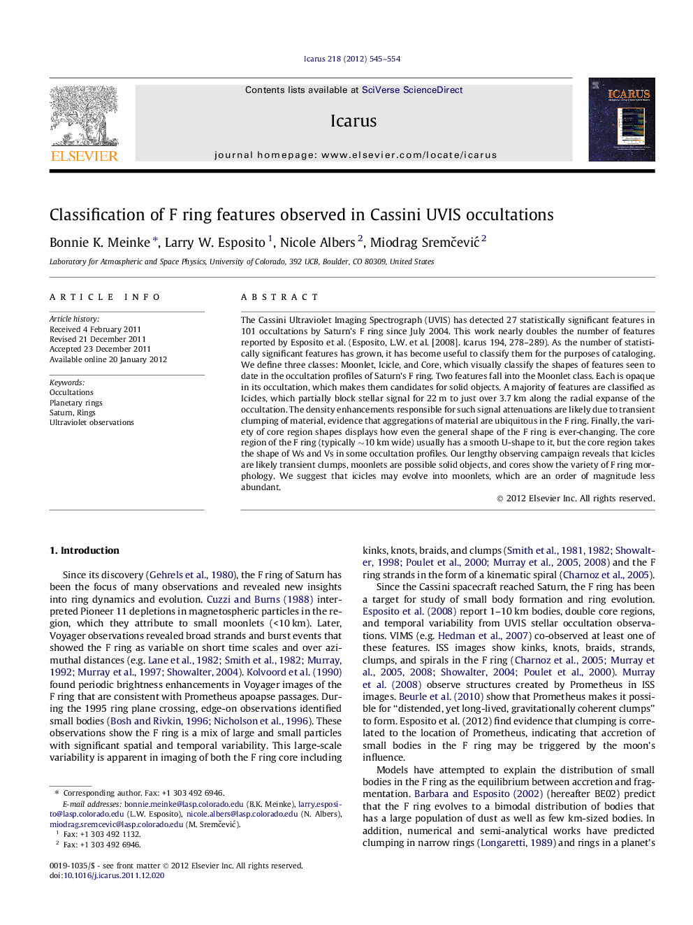 عکس صفحه اول مقاله: Classification of F ring features observed in Cassini UVIS occultations Classification of F ring features observed in Cassini UVIS occultations