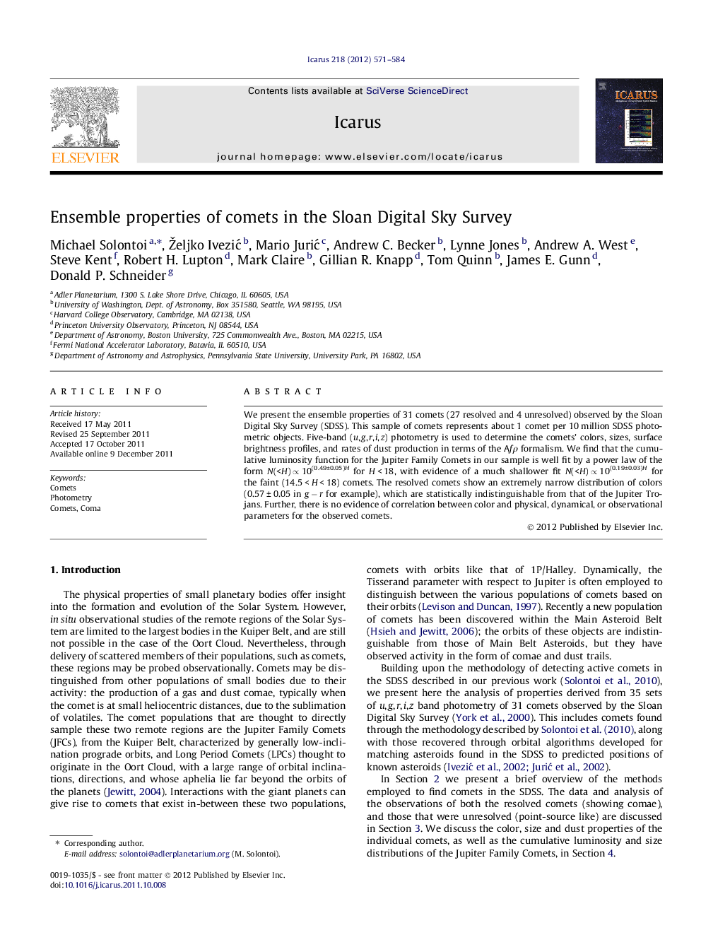 Ensemble properties of comets in the Sloan Digital Sky Survey