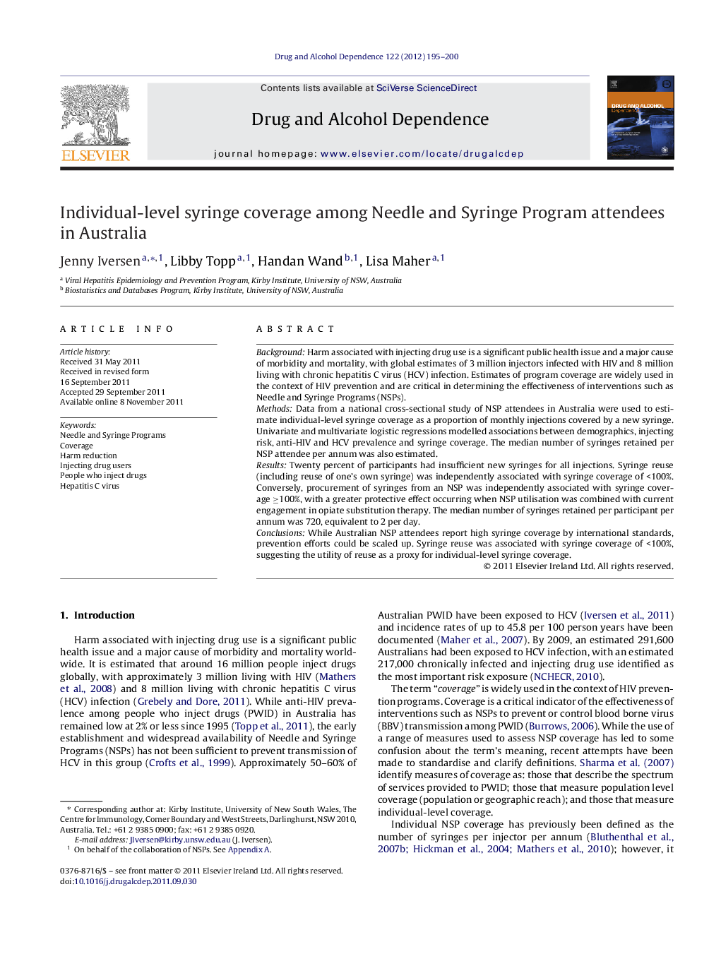 Individual-level syringe coverage among Needle and Syringe Program attendees in Australia